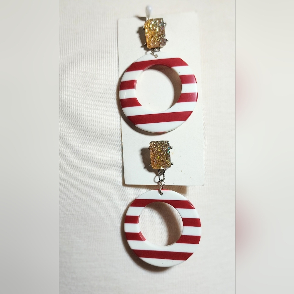 Starement Large Striped Red and White Earrings NWOT